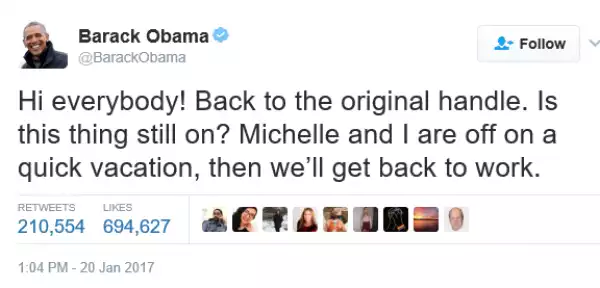 Former US president Barack Obama returns to his original twitter handle